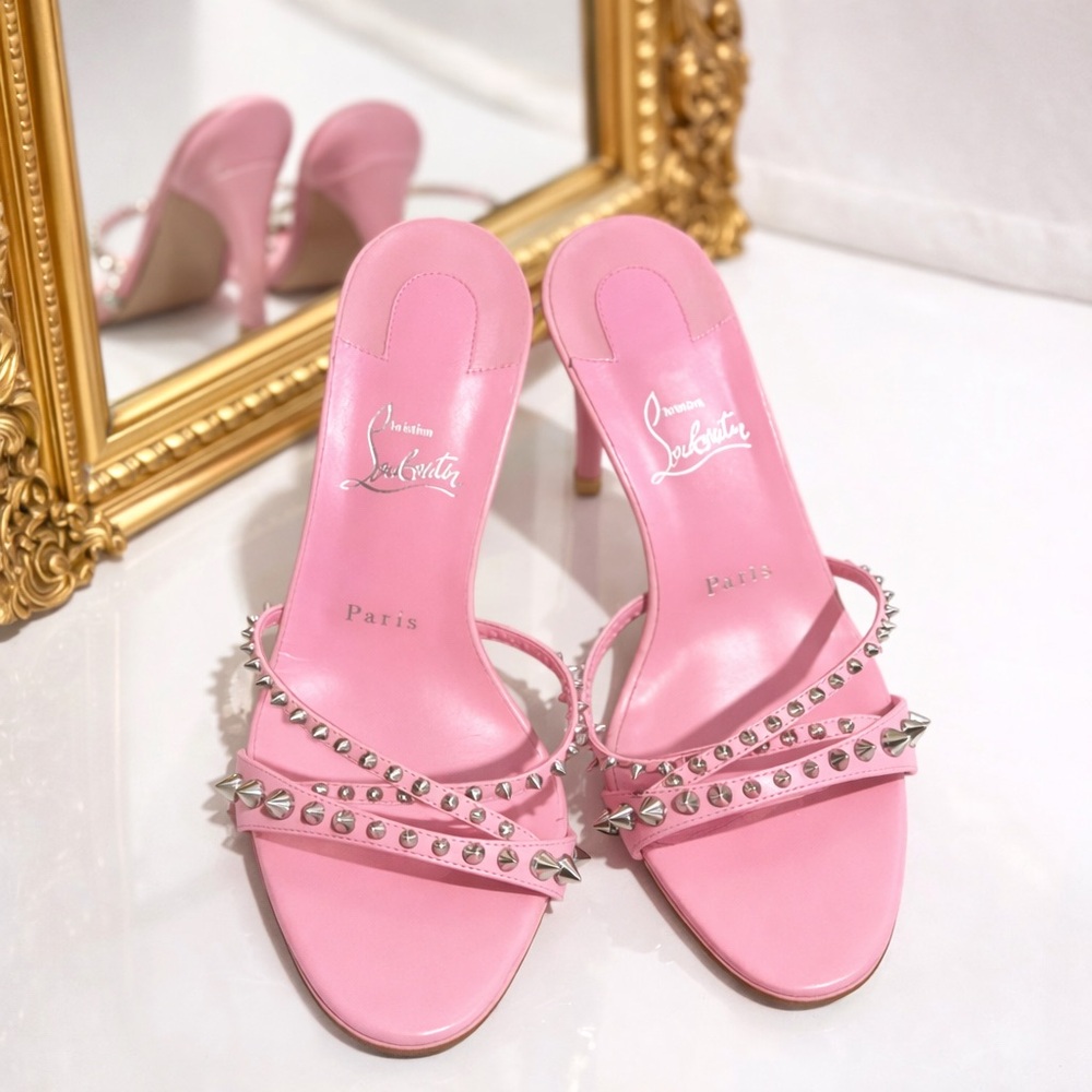 Christian Louboutin Pink Studded Slide Heels — Iconic Statement Sandals 9.5